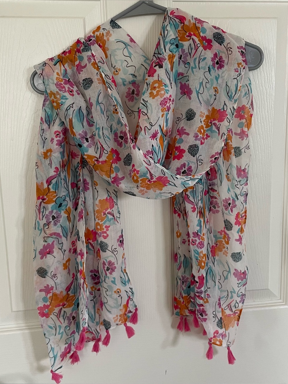 Sheer Floral Print Fashion Scarf with Tassels
